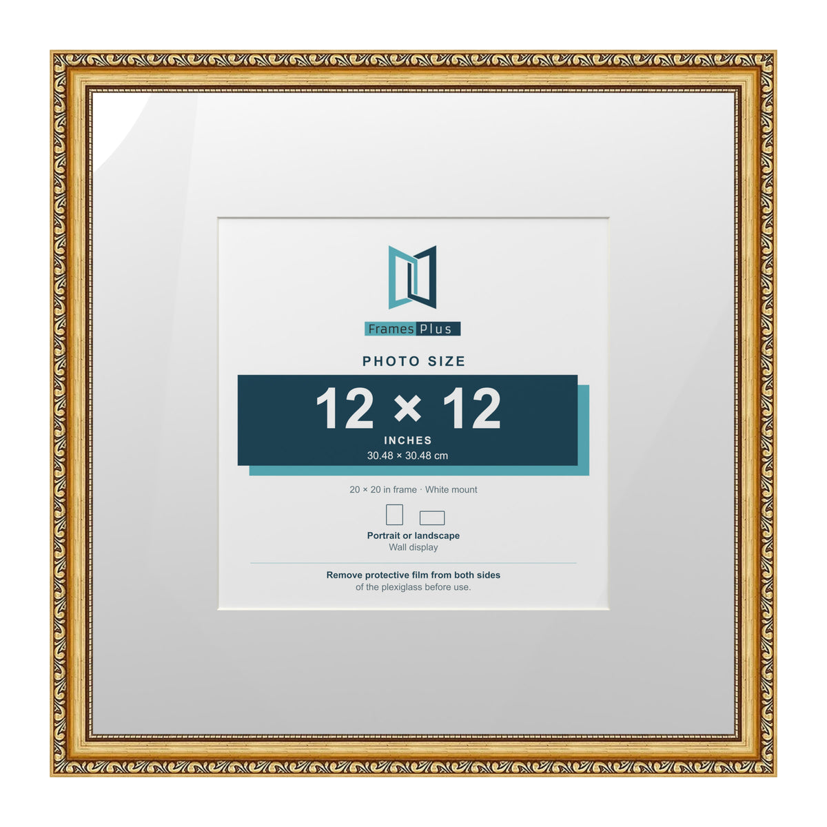 Louis Range Gold Picture, Photo & Poster Frame with White Mount - 20x20" Frame for 12x12" Photo, Gold