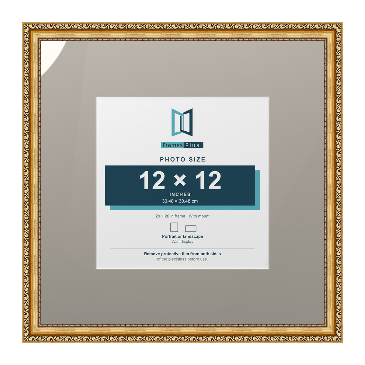 Louis Range Gold Picture, Photo & Poster Frame with Dawn Grey Mount - 20x20" Frame for 12x12" Photo, Gold