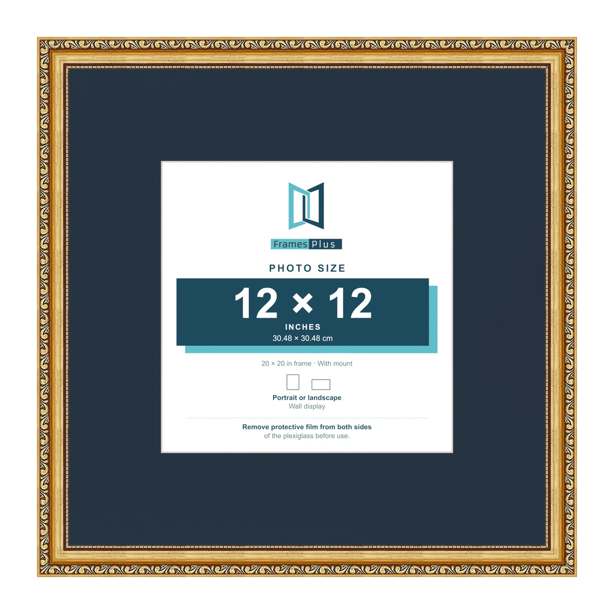 Louis Range Gold Picture, Photo & Poster Frame with Pacific Blue Mount - 20x20" Frame for 12x12" Photo, Gold