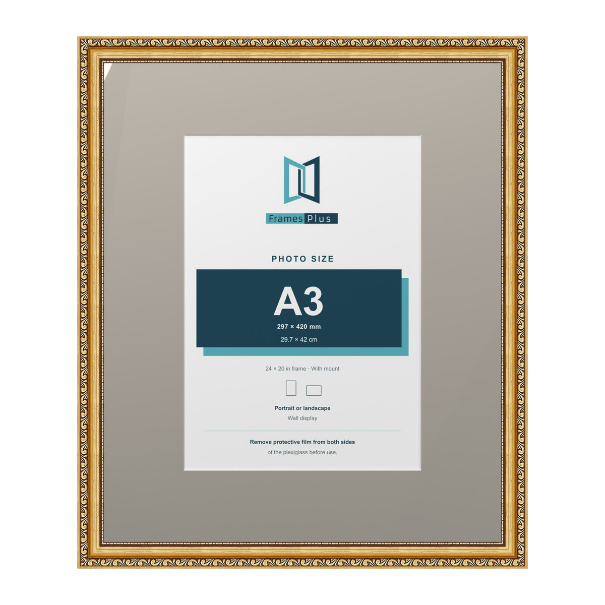 Louis Range Gold Picture, Photo & Poster Frame with Dawn Grey Mount - 24x20" Frame for A3 Photo, Gold
