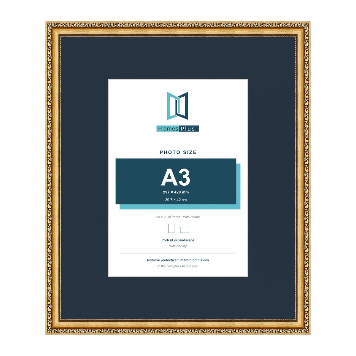 Louis Range Gold Picture, Photo & Poster Frame with Pacific Blue Mount - 24x20" Frame for A3 Photo, Gold