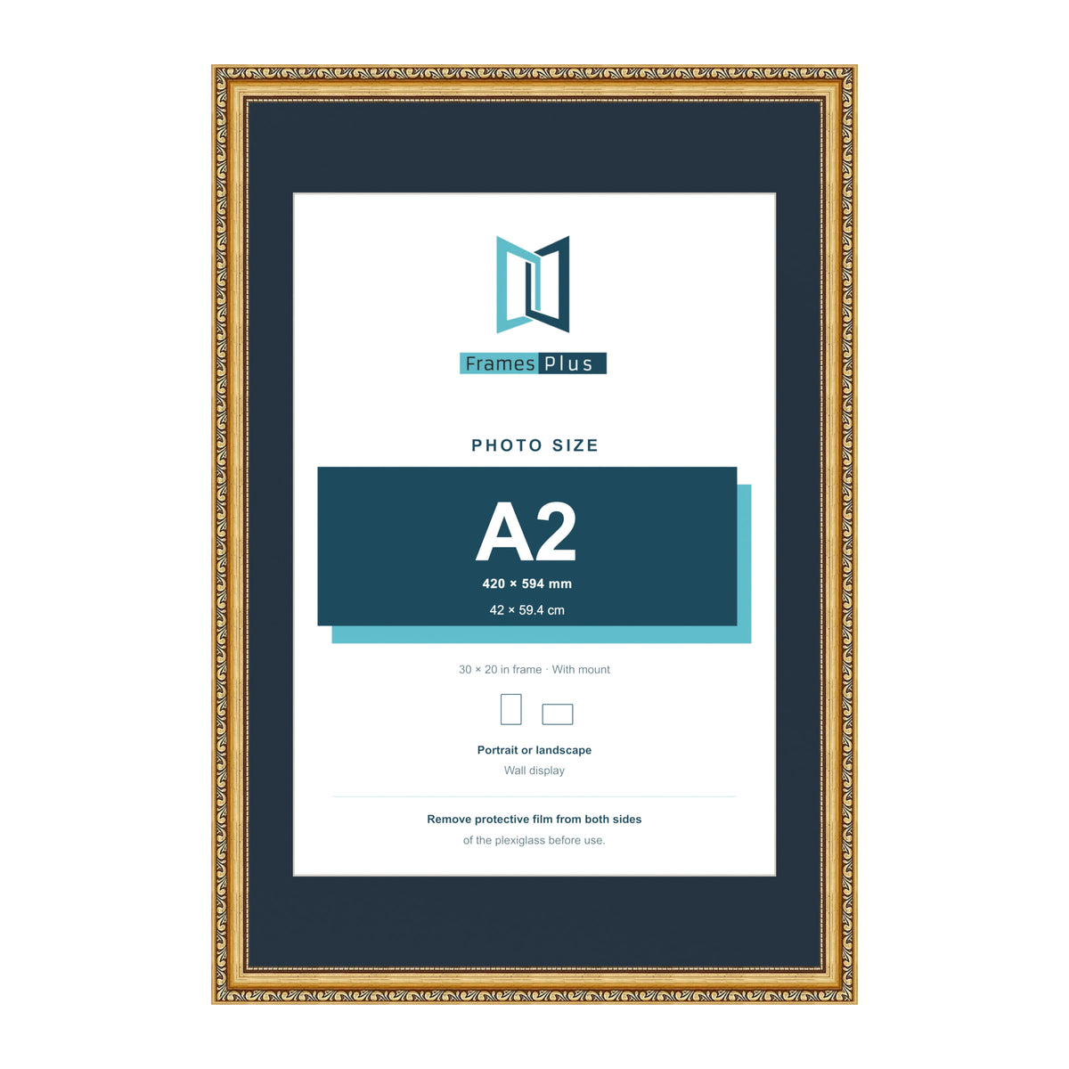Louis Range Gold Picture, Photo & Poster Frame with Pacific Blue Mount - 30x20" Frame for A2 Photo, Gold
