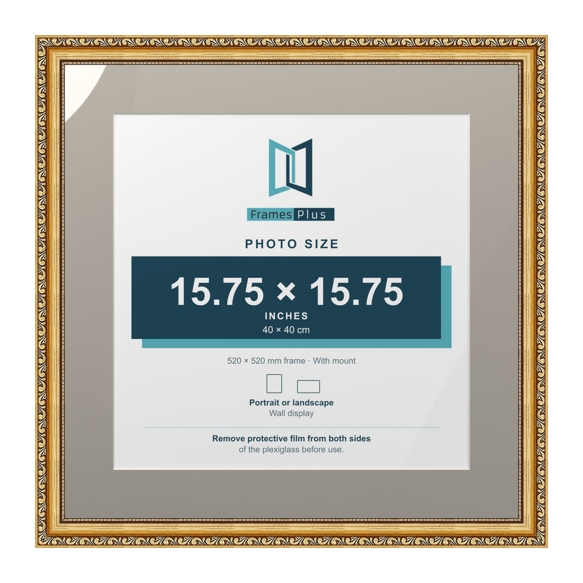 Louis Range Gold Picture, Photo & Poster Frame with Dawn Grey Mount - 52x52cm Frame for 40x40cm Photo, Gold