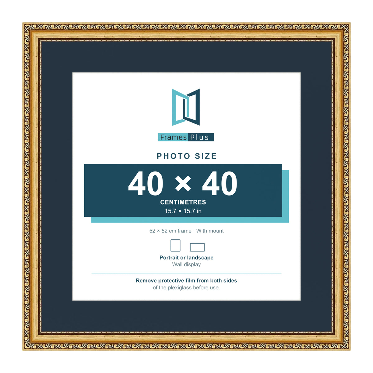 Louis Range Gold Picture, Photo & Poster Frame with Pacific Blue Mount - 52x52cm Frame for 40x40cm Photo, Gold