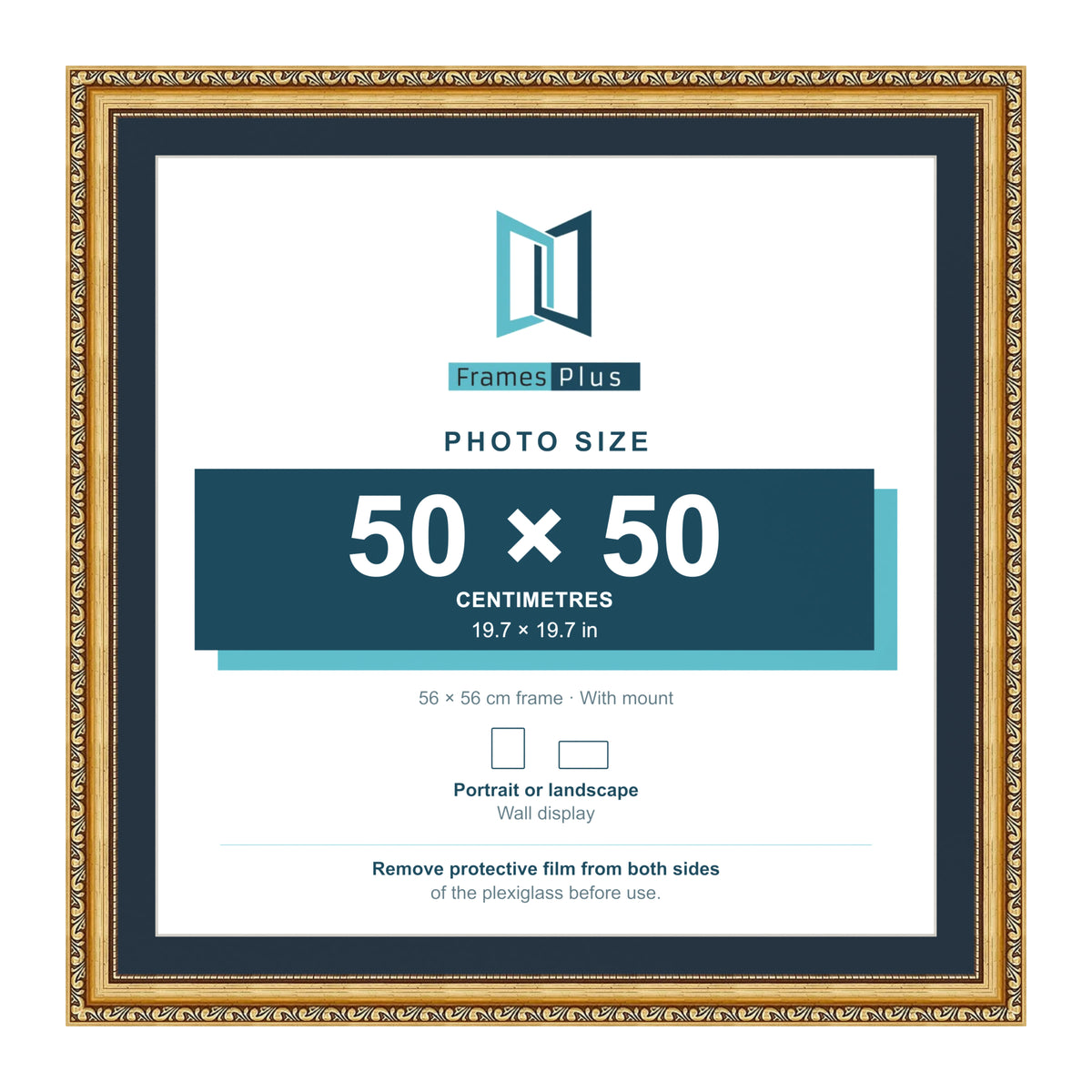 Louis Range Gold Picture, Photo & Poster Frame with Pacific Blue Mount - 56x56cm Frame for 50x50cm Photo, Gold