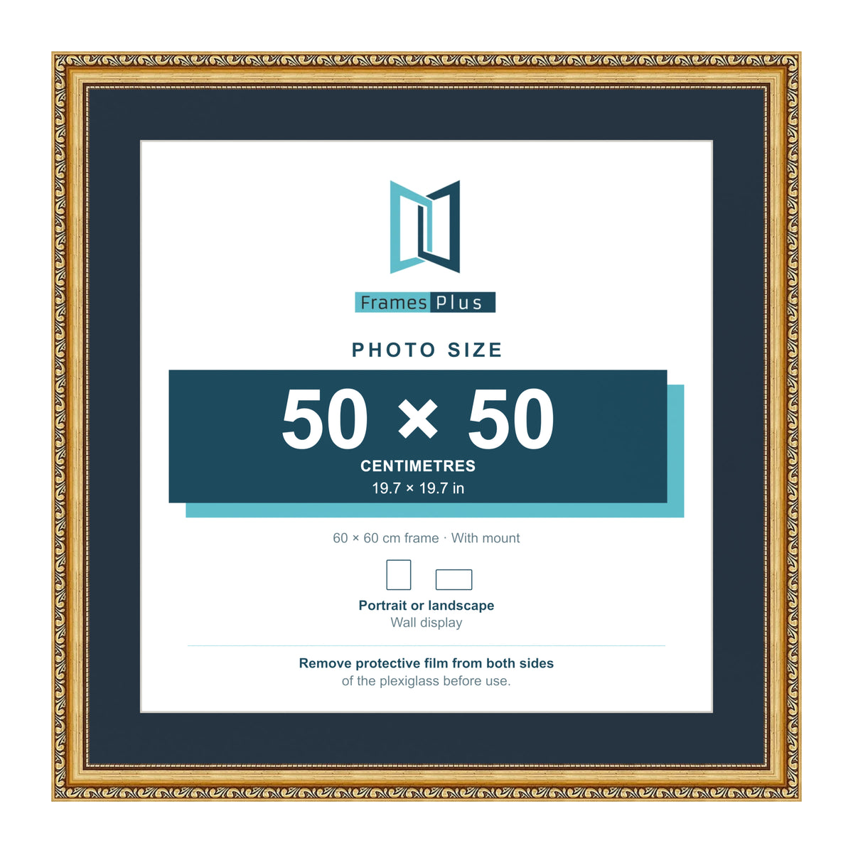 Louis Range Gold Picture, Photo & Poster Frame with Pacific Blue Mount - 60x60cm Frame for 50x50cm Photo, Gold