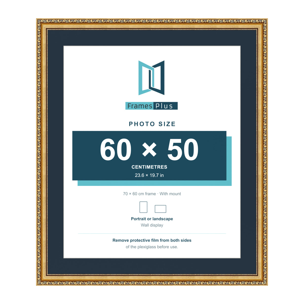 Louis Range Gold Picture, Photo & Poster Frame with Pacific Blue Mount - 70x60cm Frame for 60x50cm Photo, Gold