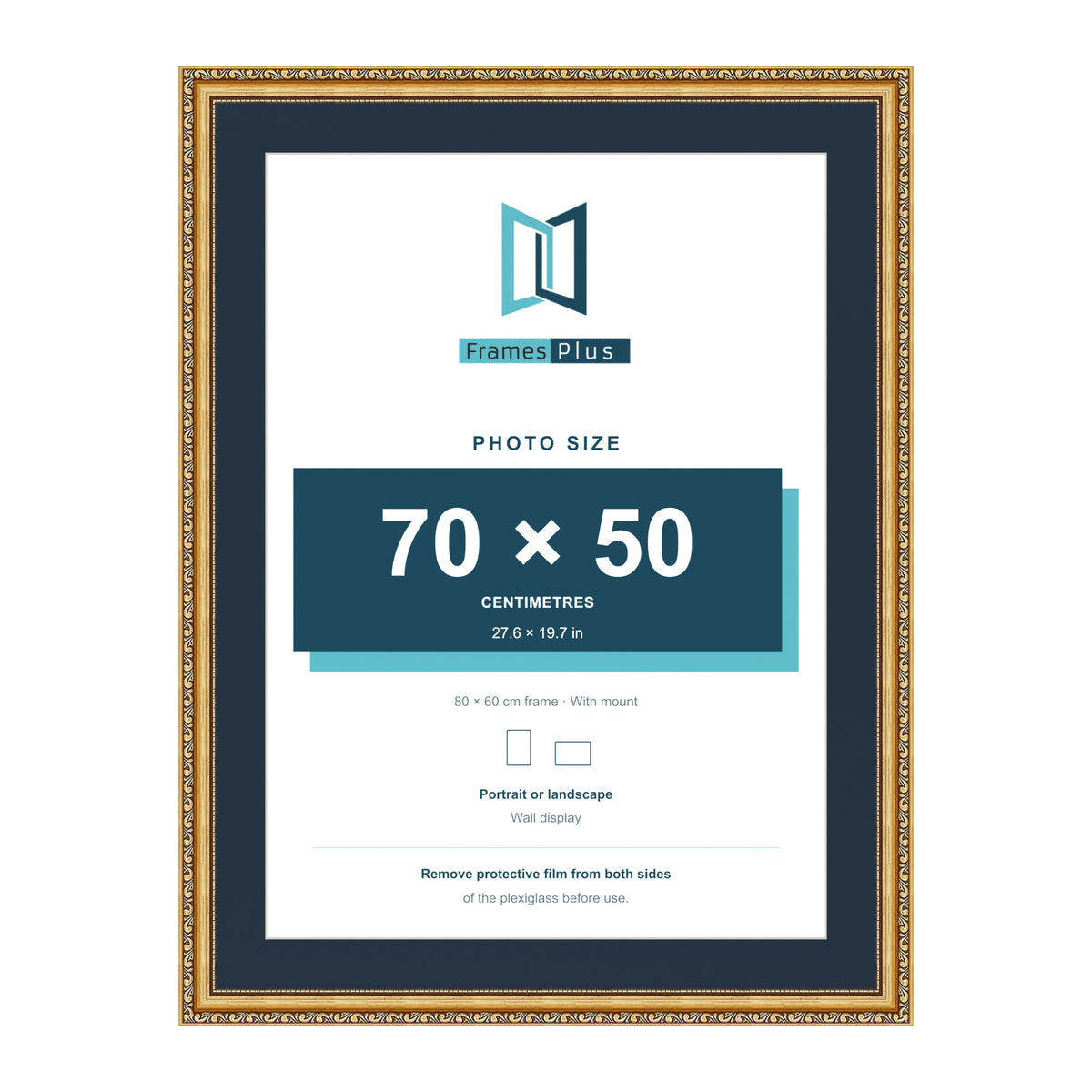 Louis Range Gold Picture, Photo & Poster Frame with Pacific Blue Mount - 80x60cm Frame for 70x50cm Photo, Gold