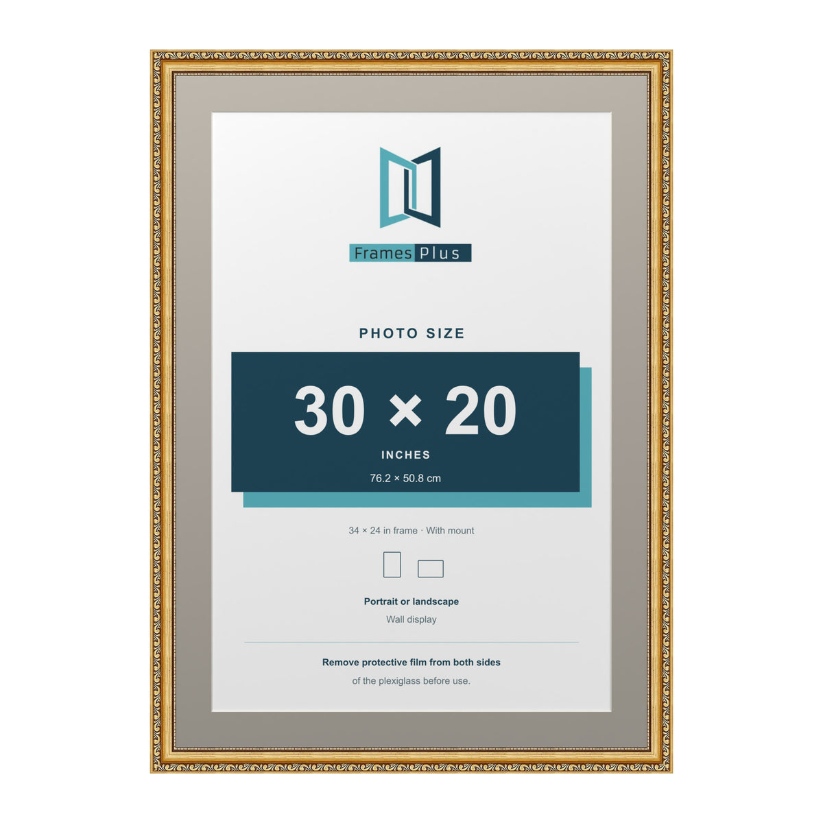 Louis Range Gold Picture, Photo & Poster Frame with Dawn Grey Mount - 34x24" Frame for 30x20" Photo, Gold