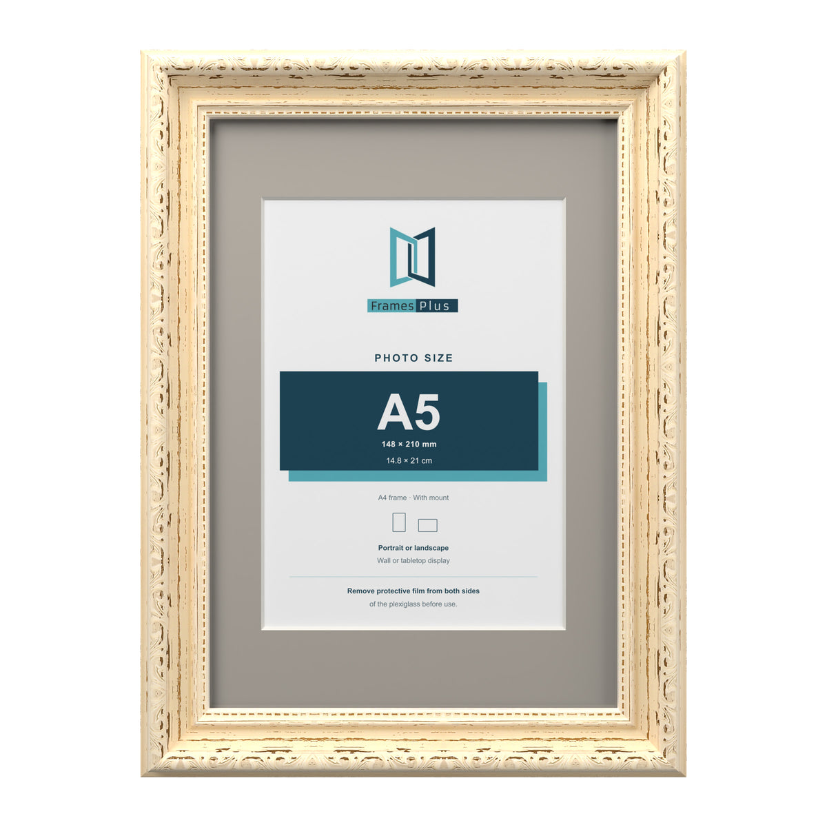 Louis Range Cream Picture, Photo & Poster Frame with Dawn Grey Mount - A4 Frame for A5 Photo, Cream