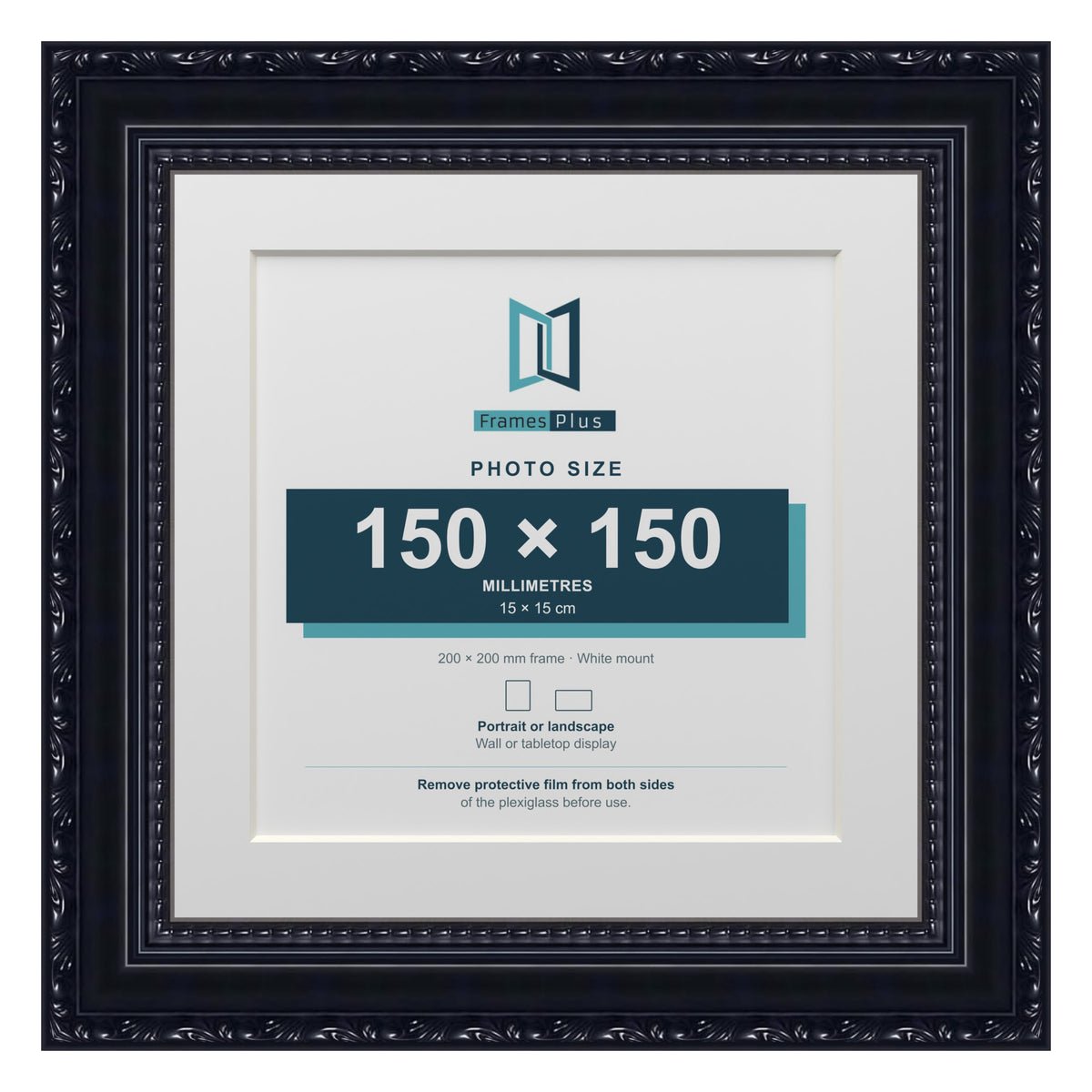 Louis Range Black Picture, Photo & Poster Frame with White Mount - 20x20cm Frame for 15x15cm Photo, Black
