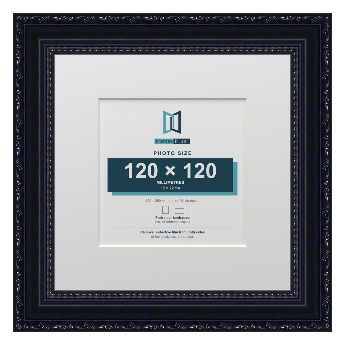 Louis Range Black Picture, Photo & Poster Frame with White Mount - 20x20cm Frame for 12x12cm Photo, Black