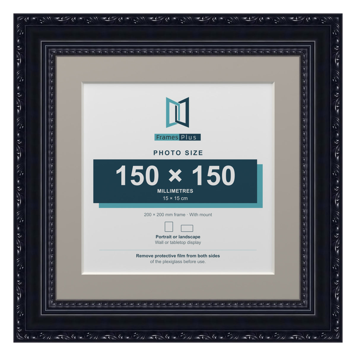 Louis Range Black Picture, Photo & Poster Frame with Dawn Grey Mount - 20x20cm Frame for 15x15cm Photo, Black