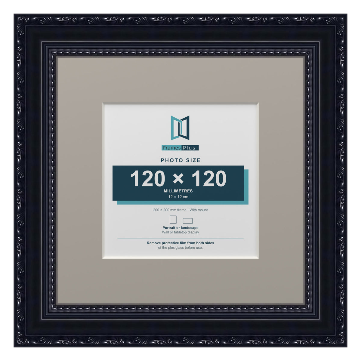 Louis Range Black Picture, Photo & Poster Frame with Dawn Grey Mount - 20x20cm Frame for 12x12cm Photo, Black