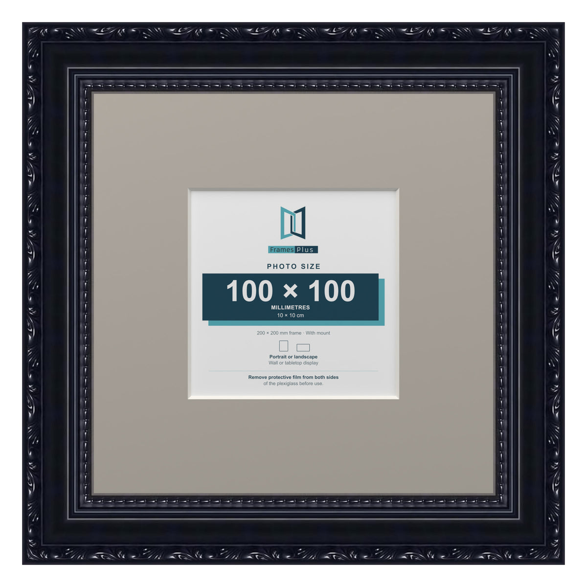 Louis Range Black Picture, Photo & Poster Frame with Dawn Grey Mount - 20x20cm Frame for 10x10cm Photo, Black