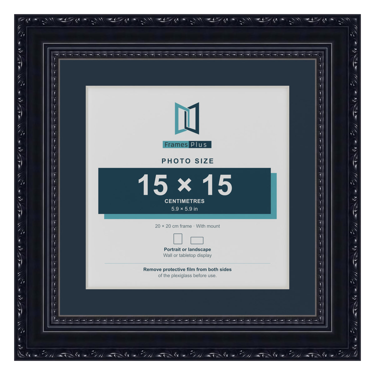 Louis Range Black Picture, Photo & Poster Frame with Pacific Blue Mount - 20x20cm Frame for 15x15cm Photo, Black