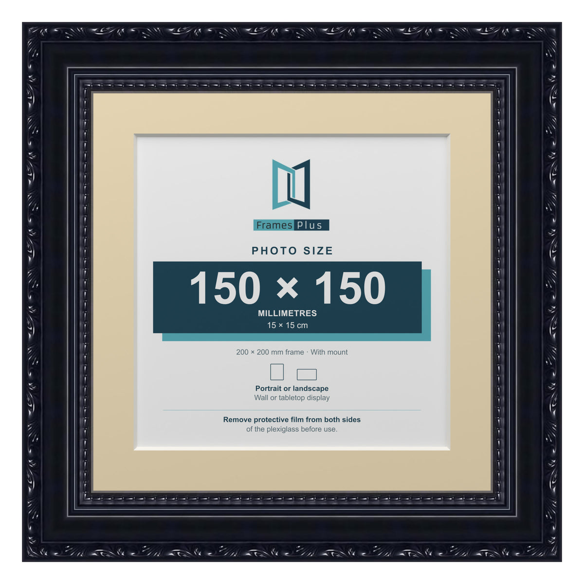 Louis Range Black Picture, Photo & Poster Frame with Ivory Mount - 20x20cm Frame for 15x15cm Photo, Black
