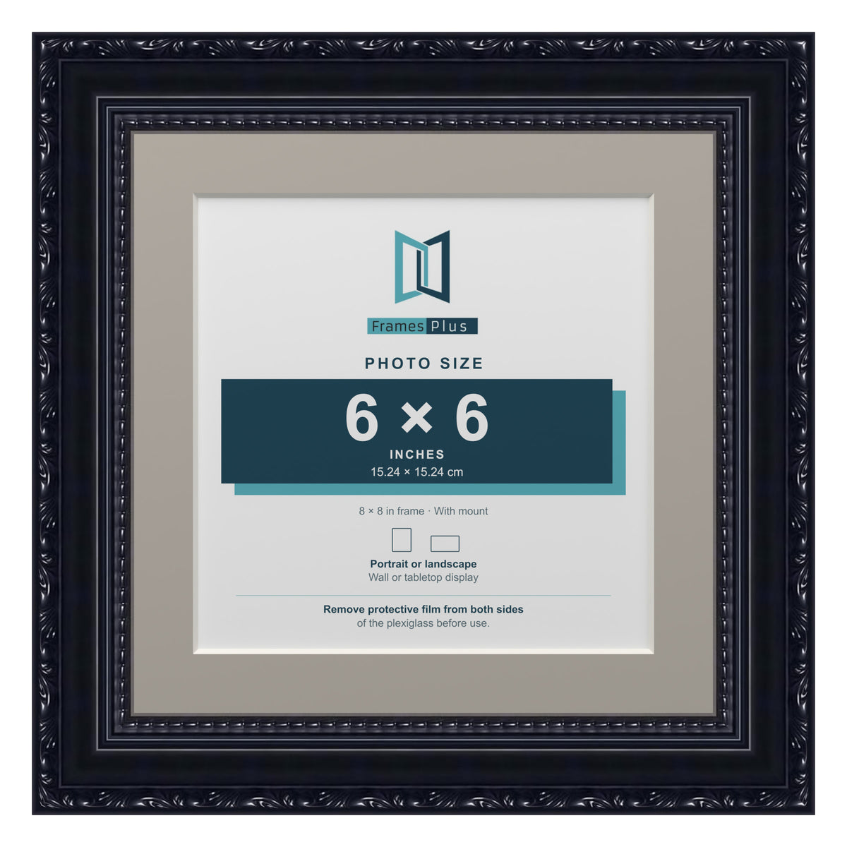 Louis Range Black Picture, Photo & Poster Frame with Dawn Grey Mount - 8x8" Frame for 6x6" Photo, Black