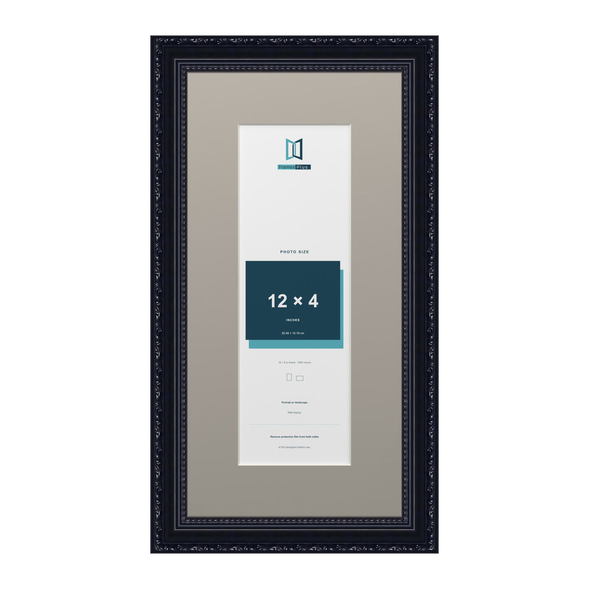 Louis Range Black Picture, Photo & Poster Frame with Dawn Grey Mount - 16x8" Frame for 12x4" Photo, Black