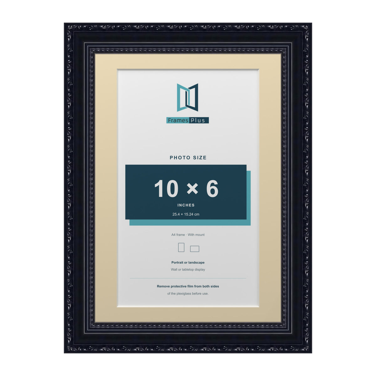 Louis Range Black Picture, Photo & Poster Frame with Ivory Mount - A4 Frame for 10x6" Photo, Black