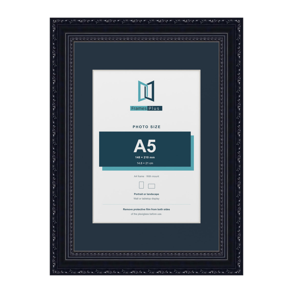 Louis Range Black Picture, Photo & Poster Frame with Pacific Blue Mount - A4 Frame for A5 Photo, Black