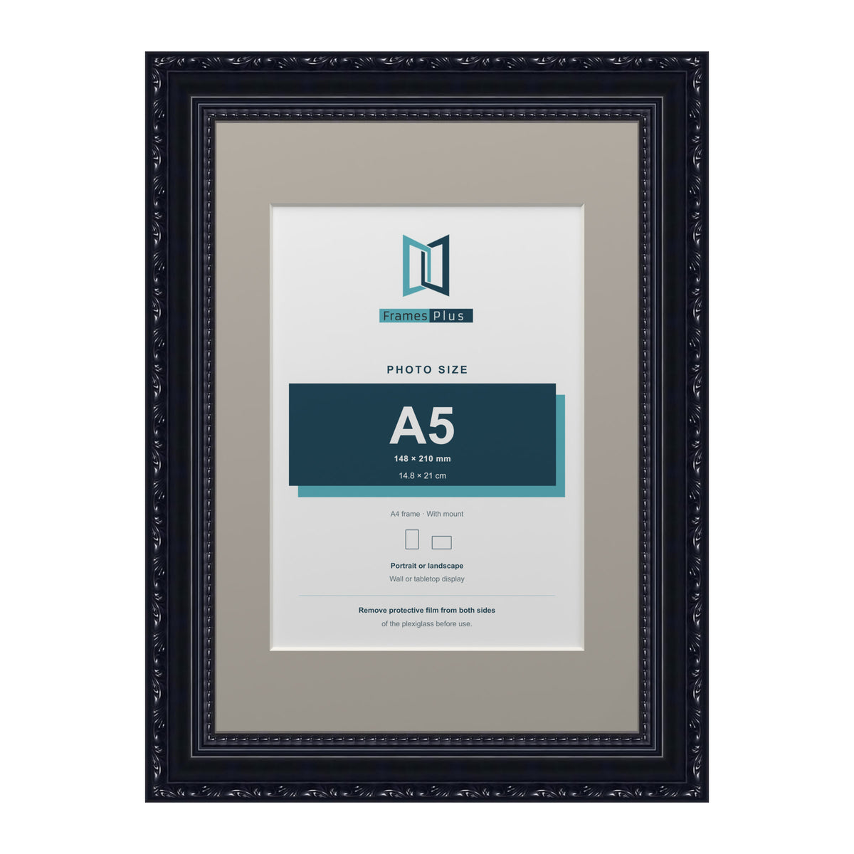 Louis Range Black Picture, Photo & Poster Frame with Dawn Grey Mount - A4 Frame for A5 Photo, Black