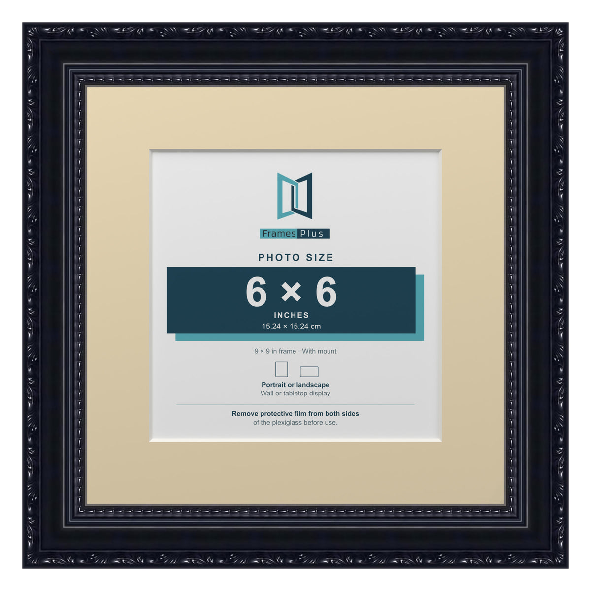 Louis Range Black Picture, Photo & Poster Frame with Ivory Mount - 9x9" Frame for 6x6" Photo, Black