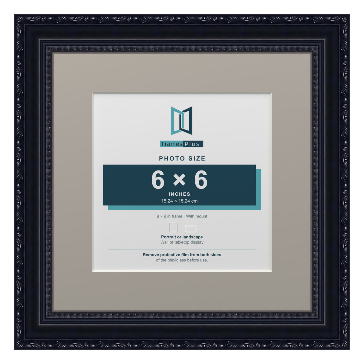 Louis Range Black Picture, Photo & Poster Frame with Dawn Grey Mount - 9x9" Frame for 6x6" Photo, Black