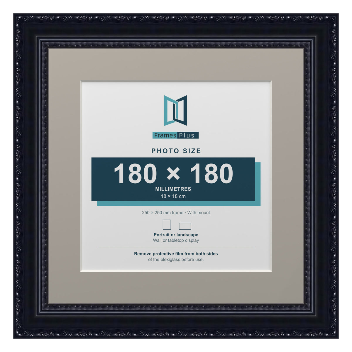 Louis Range Black Picture, Photo & Poster Frame with Dawn Grey Mount - 25x25cm Frame for 18x18cm Photo, Black