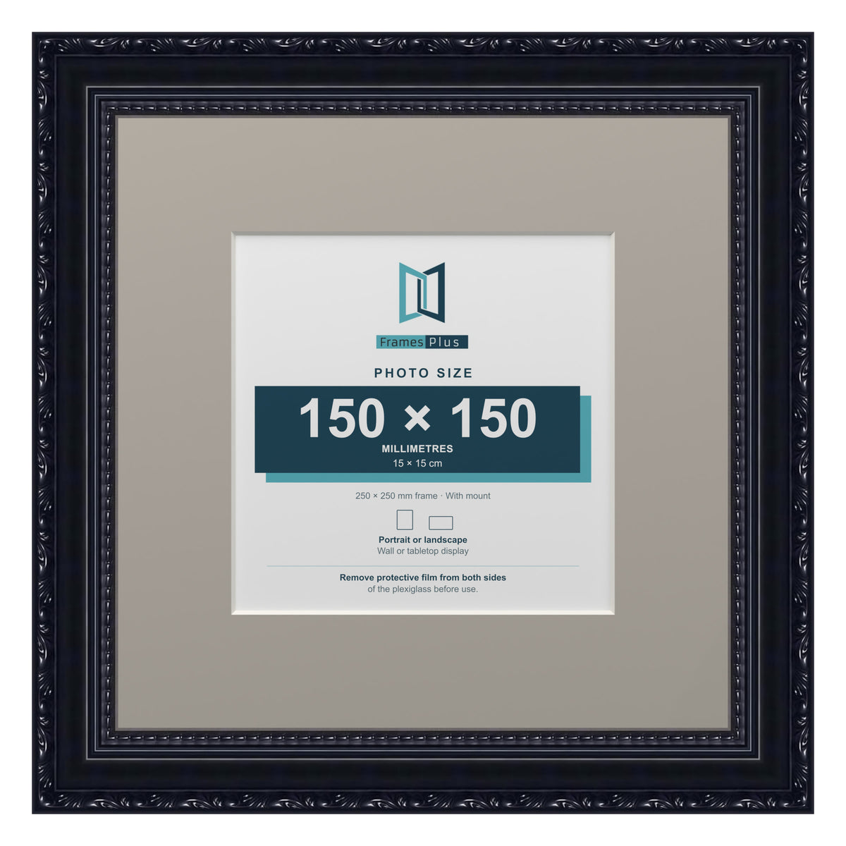 Louis Range Black Picture, Photo & Poster Frame with Dawn Grey Mount - 25x25cm Frame for 15x15cm Photo, Black