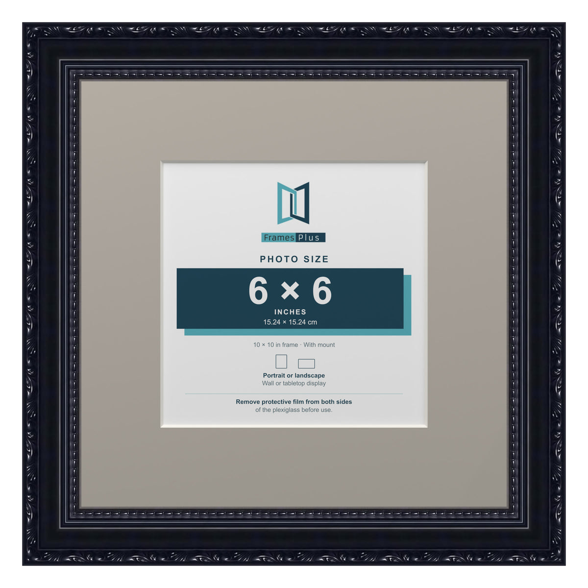 Louis Range Black Picture, Photo & Poster Frame with Dawn Grey Mount - 10x10" Frame for 6x6" Photo, Black
