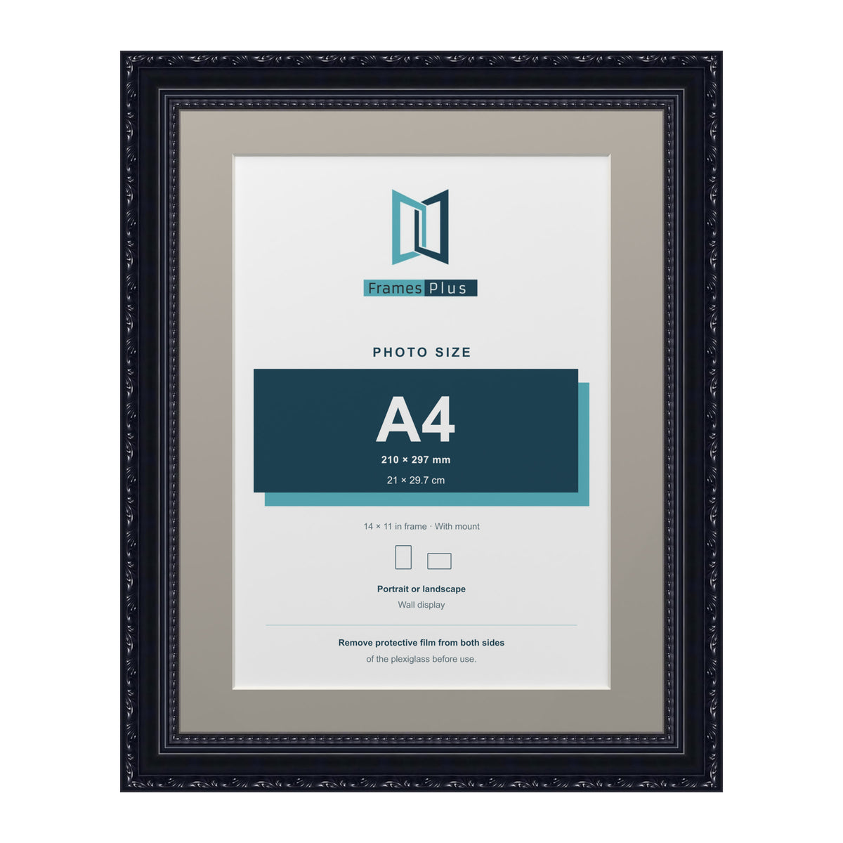 Louis Range Black Picture, Photo & Poster Frame with Dawn Grey Mount - 14x11" Frame for A4 Photo, Black