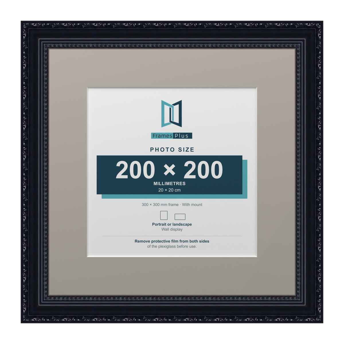 Louis Range Black Picture, Photo & Poster Frame with Dawn Grey Mount - 30x30cm Frame for 20x20cm Photo, Black
