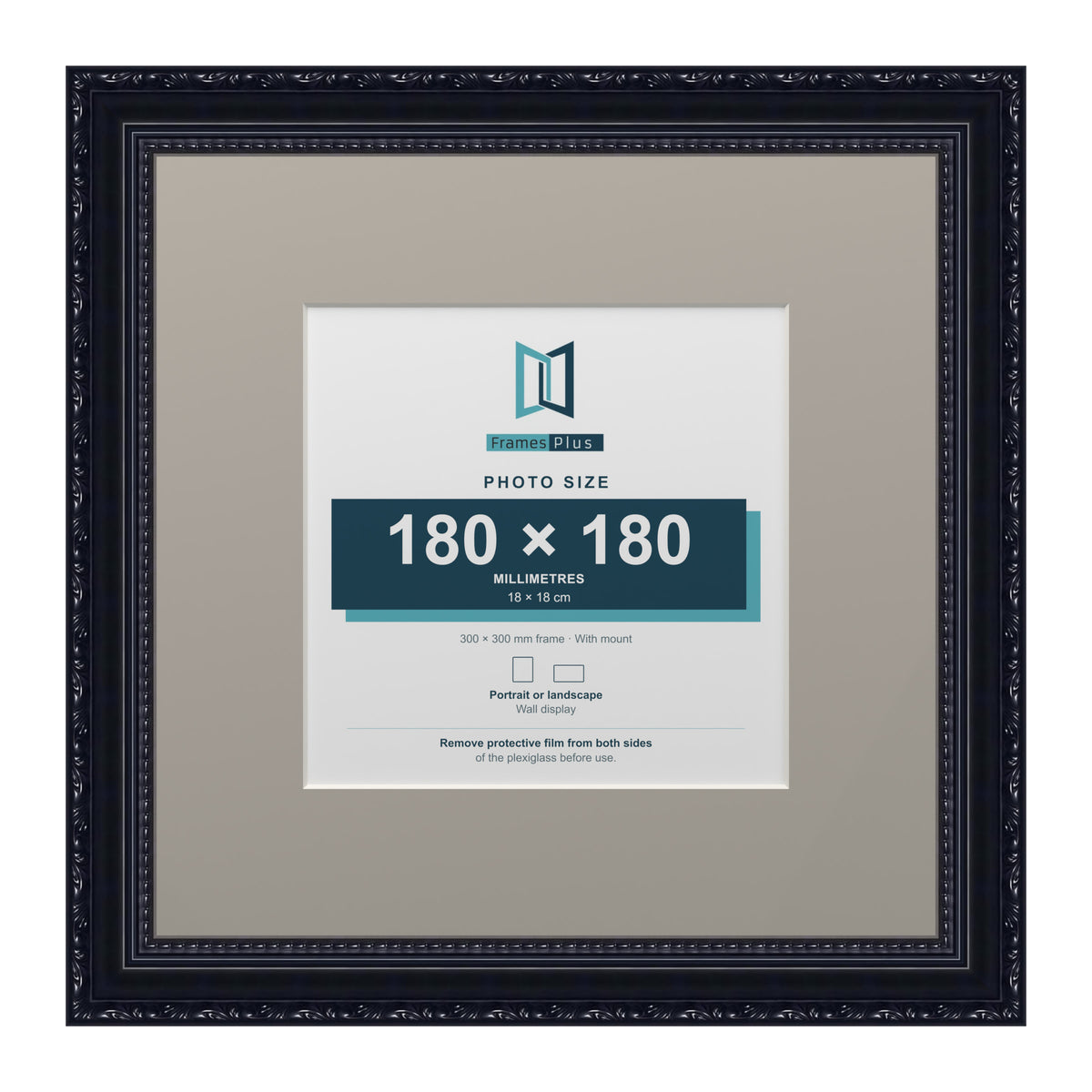 Louis Range Black Picture, Photo & Poster Frame with Dawn Grey Mount - 30x30cm Frame for 18x18cm Photo, Black