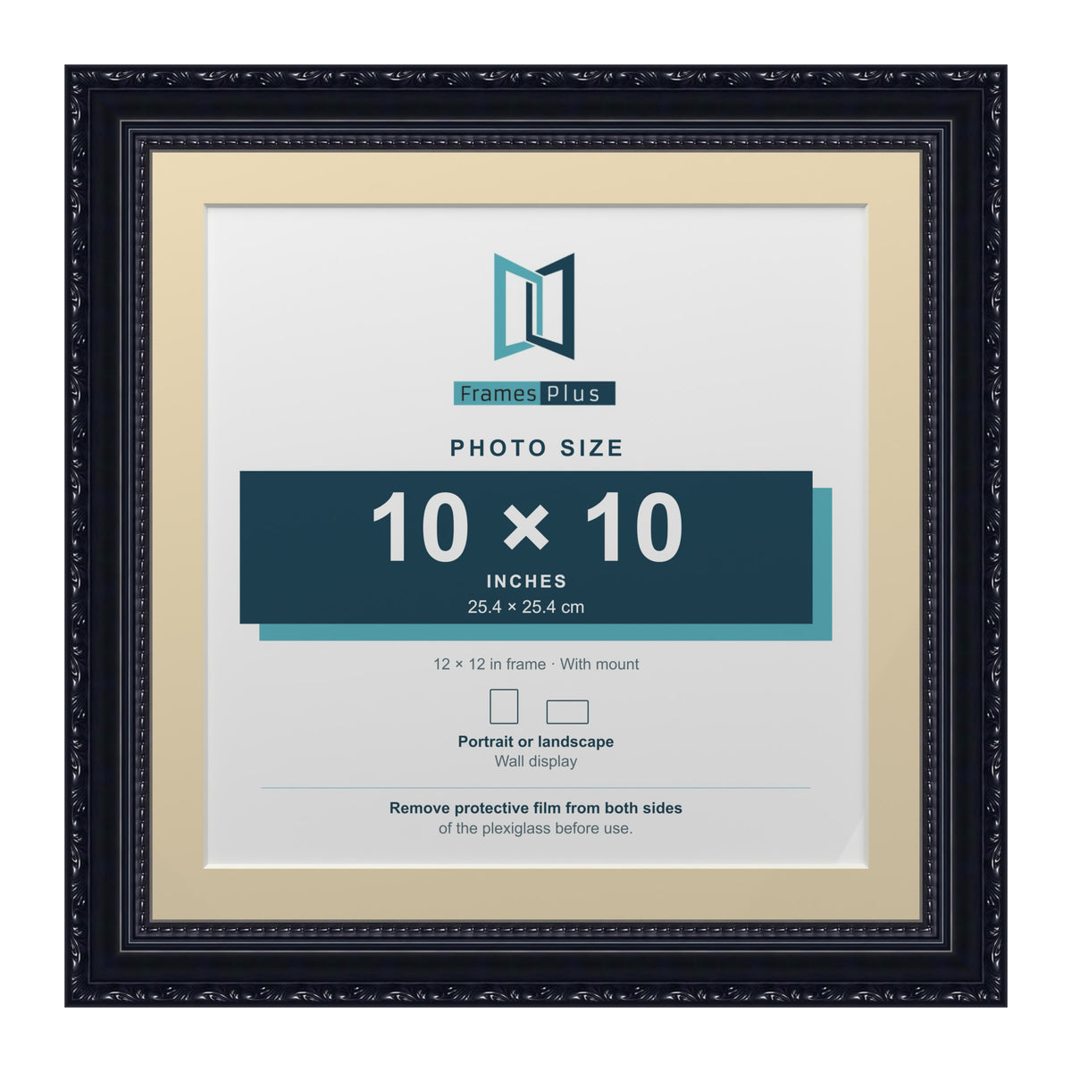 Louis Range Black Picture, Photo & Poster Frame with Ivory Mount - 12x12" Frame for 10x10" Photo, Black