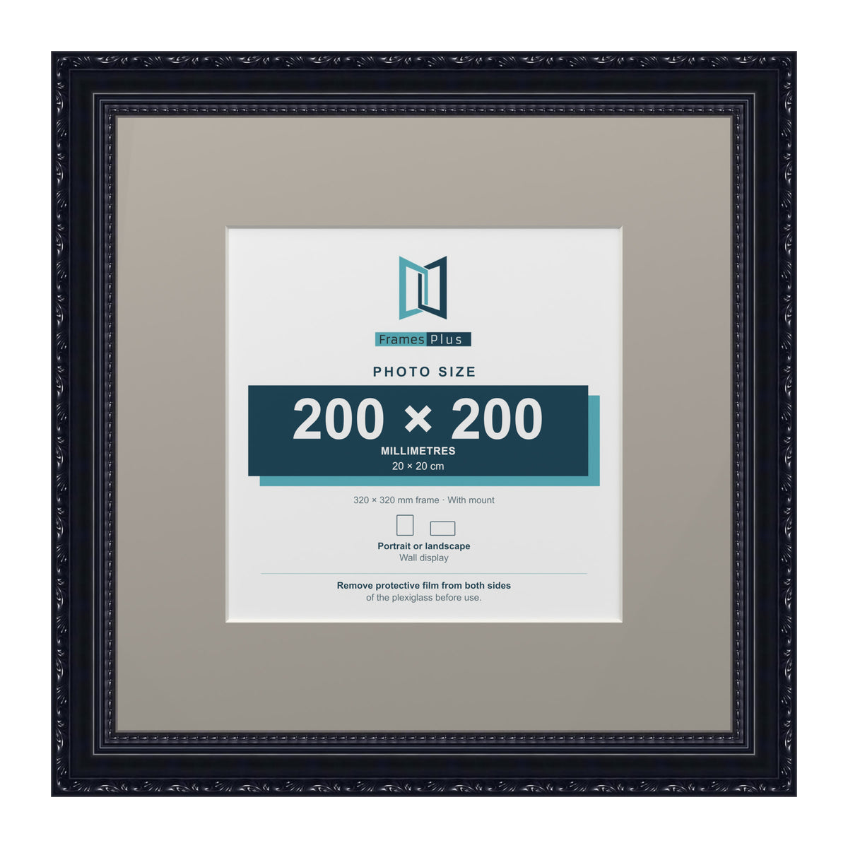Louis Range Black Picture, Photo & Poster Frame with Dawn Grey Mount - 32x32cm Frame for 20x20cm Photo, Black