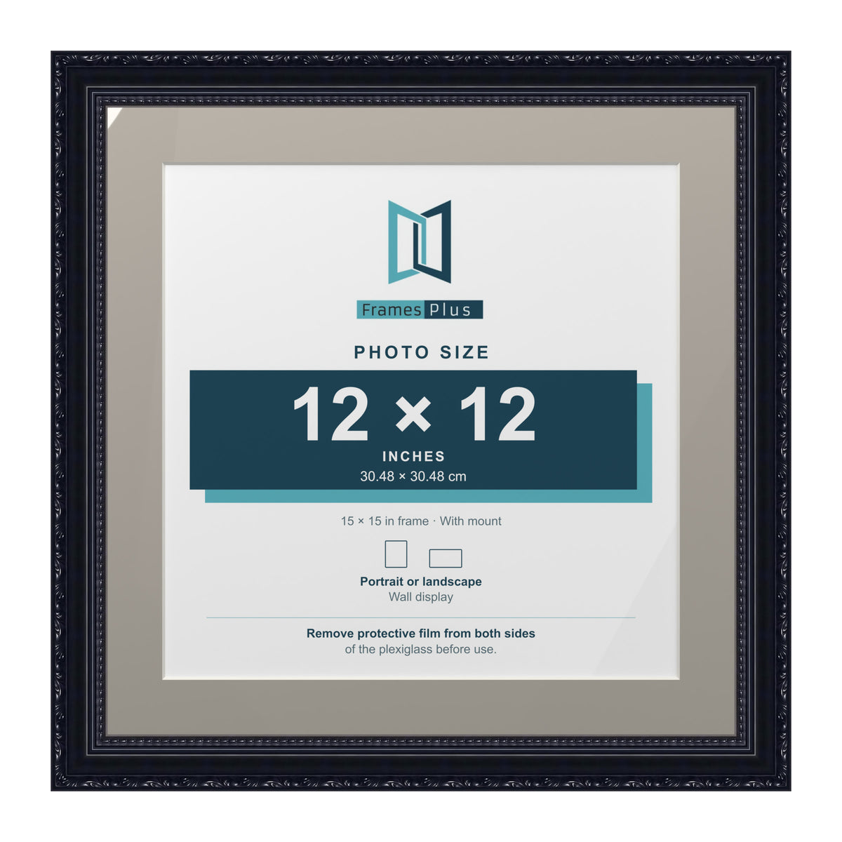 Louis Range Black Picture, Photo & Poster Frame with Dawn Grey Mount - 15x15" Frame for 12x12" Photo, Black