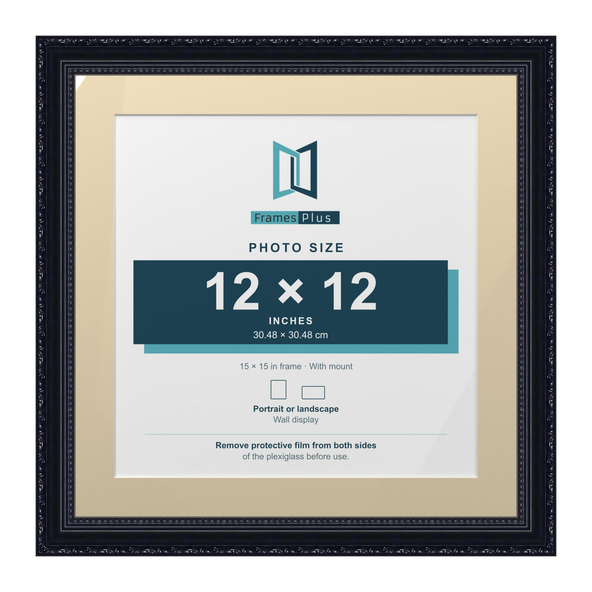 Louis Range Black Picture, Photo & Poster Frame with Ivory Mount - 15x15" Frame for 12x12" Photo, Black