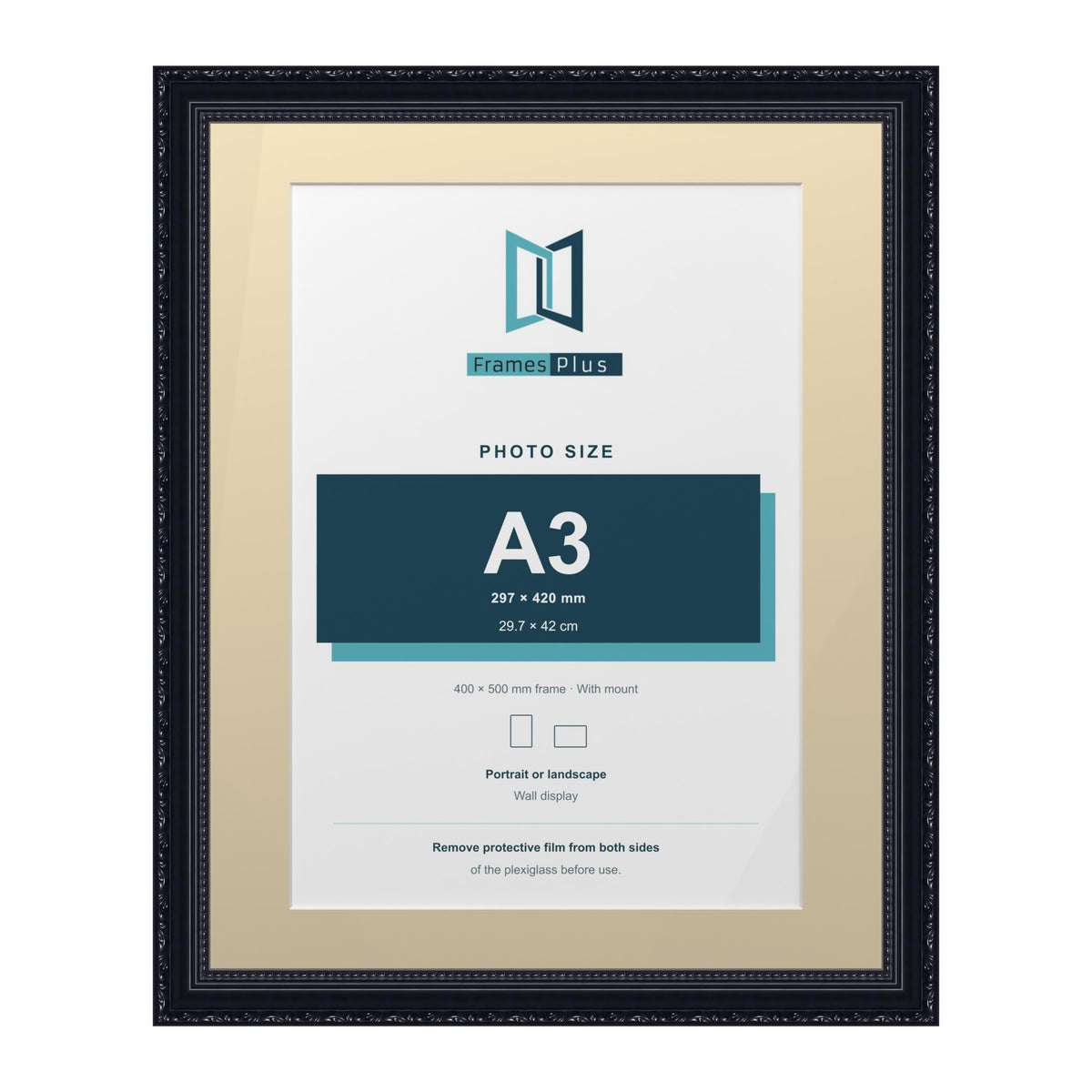 Louis Range Black Picture, Photo & Poster Frame with Ivory Mount - 50x40cm Frame for A3 Photo, Black