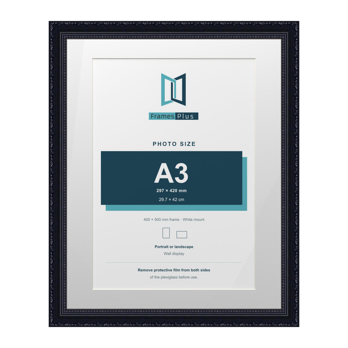 Louis Range Black Picture, Photo & Poster Frame with White Mount - 50x40cm Frame for A3 Photo, Black