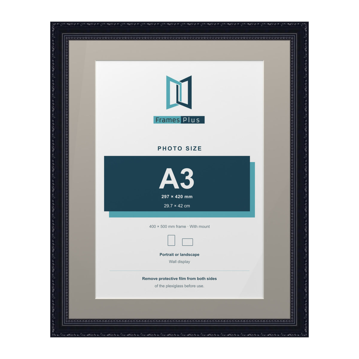 Louis Range Black Picture, Photo & Poster Frame with Dawn Grey Mount - 50x40cm Frame for A3 Photo, Black