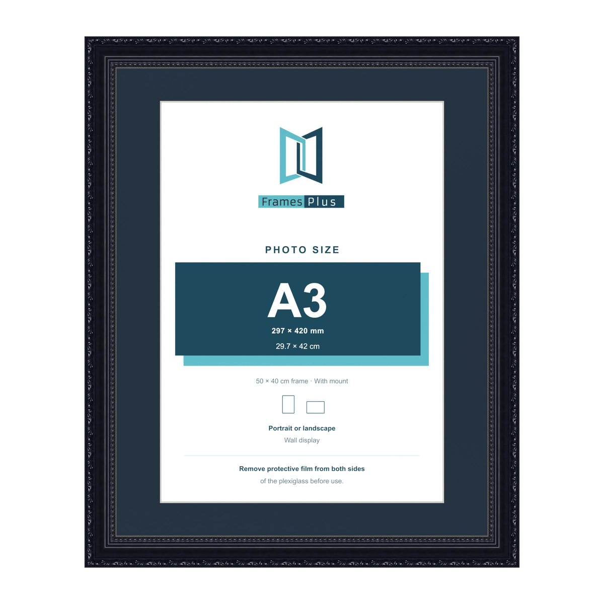 Louis Range Black Picture, Photo & Poster Frame with Pacific Blue Mount - 50x40cm Frame for A3 Photo, Black