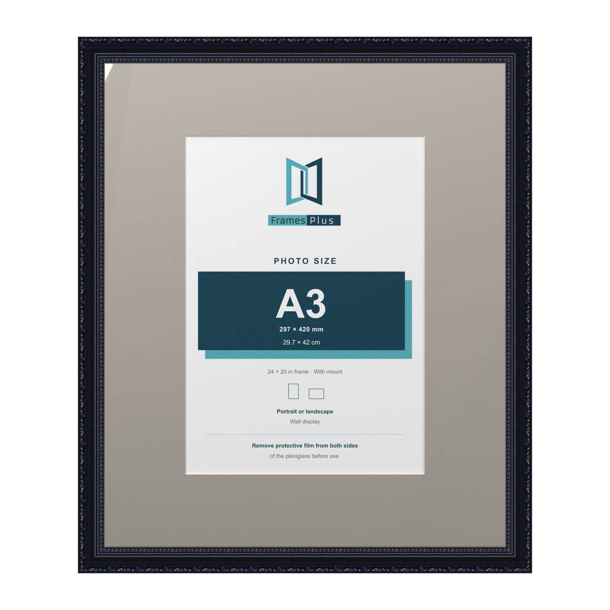 Louis Range Black Picture, Photo & Poster Frame with Dawn Grey Mount - 24x20" Frame for A3 Photo, Black