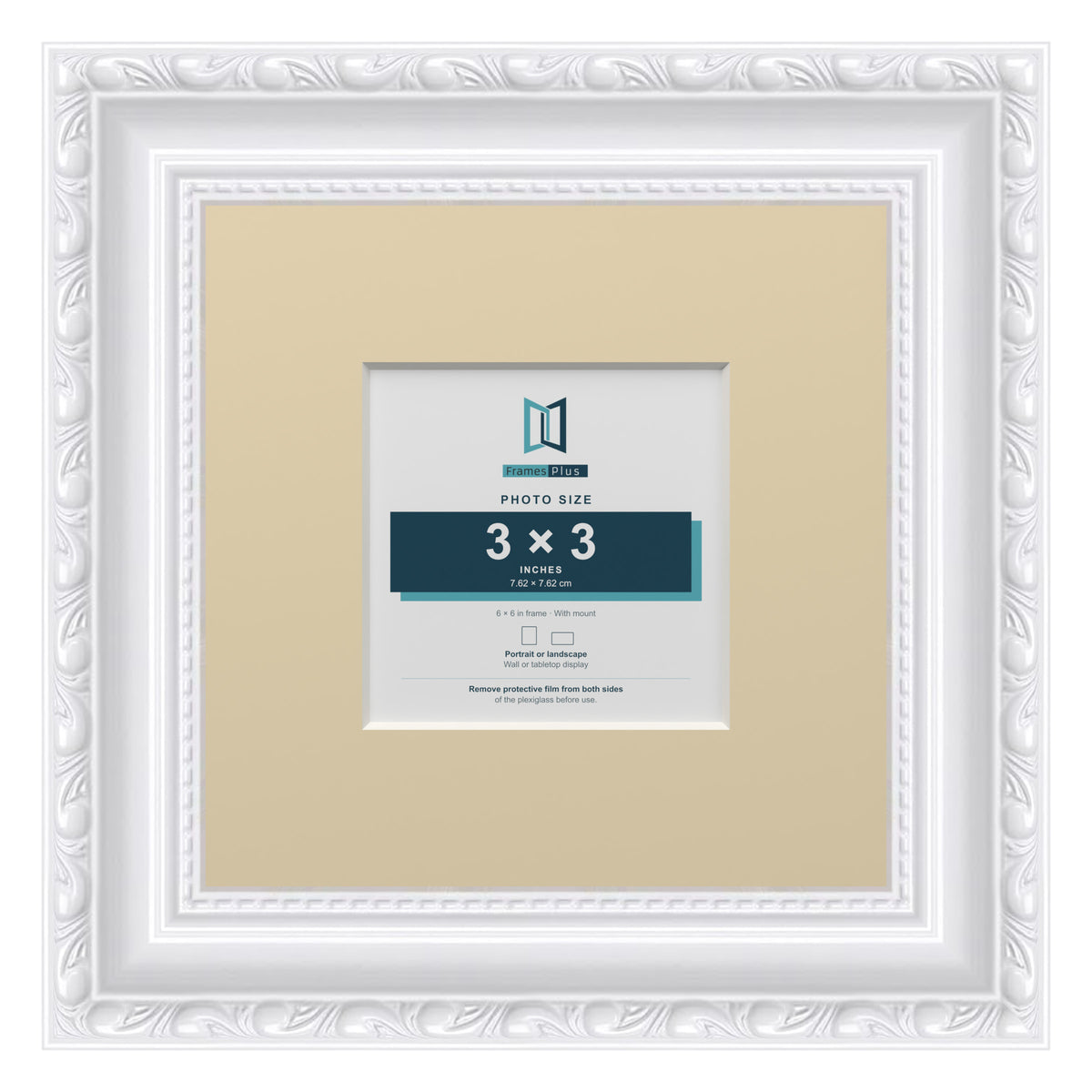 Louis Range White Picture, Photo & Poster Frame with Ivory Mount - 6x6" Frame for 3x3" Photo, White