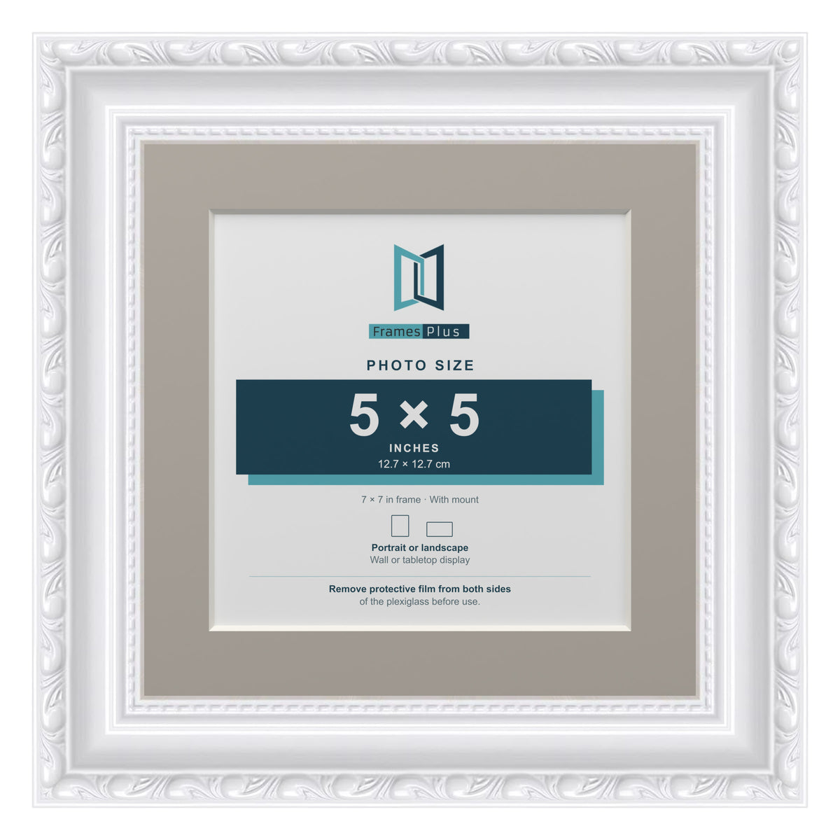 Louis Range White Picture, Photo & Poster Frame with Dawn Grey Mount - 7x7" Frame for 5x5" Photo, White