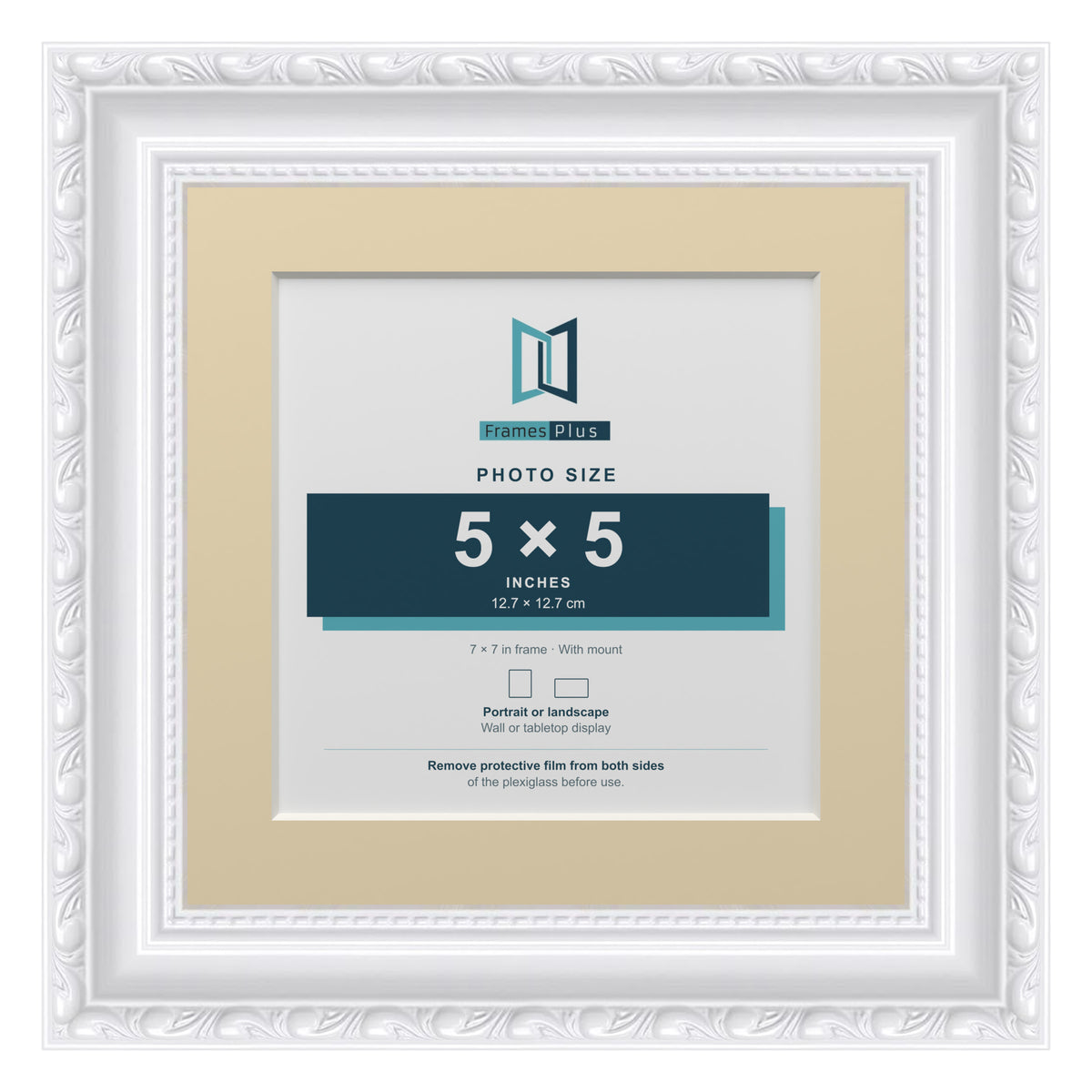Louis Range White Picture, Photo & Poster Frame with Ivory Mount - 7x7" Frame for 5x5" Photo, White