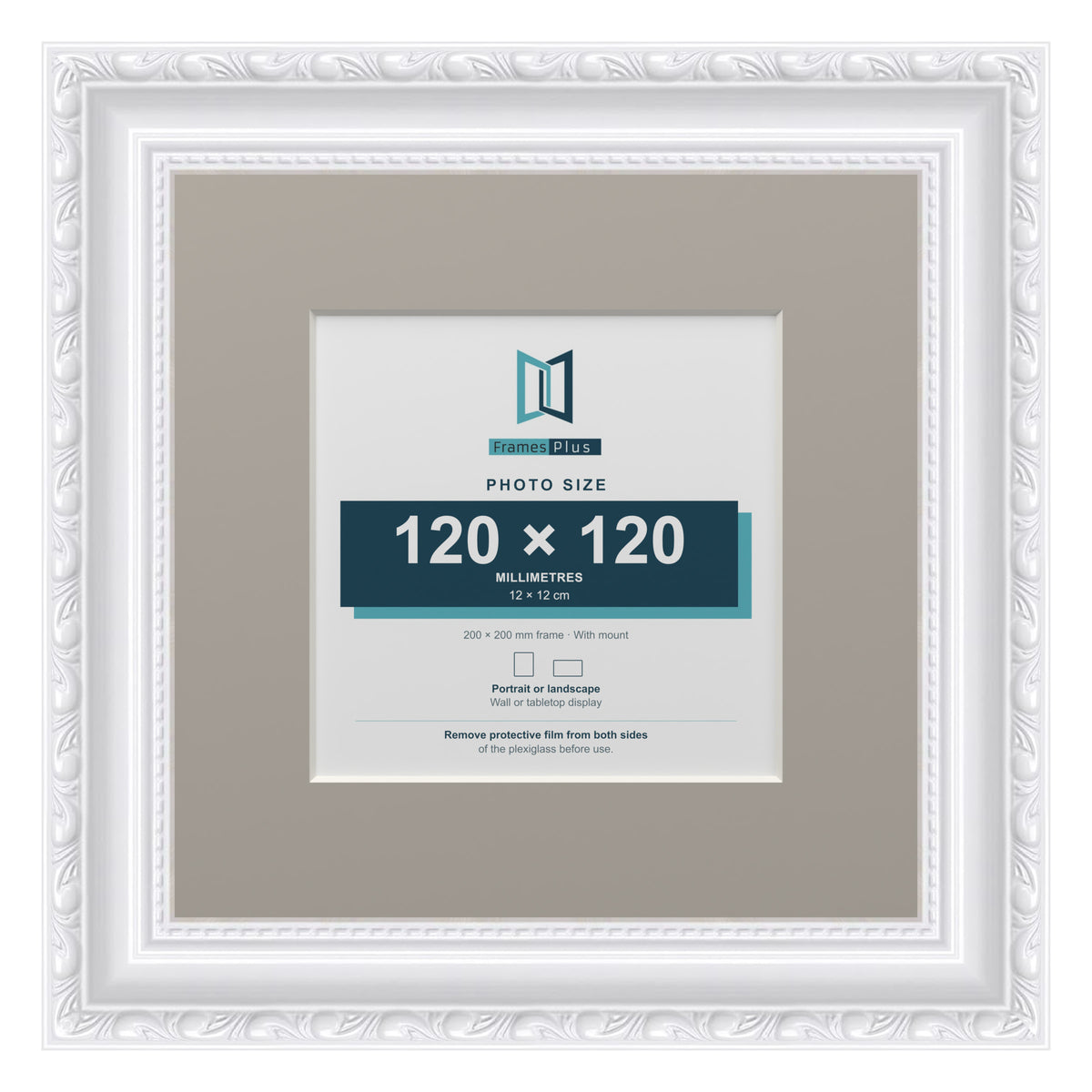 Louis Range White Picture, Photo & Poster Frame with Dawn Grey Mount - 20x20cm Frame for 12x12cm Photo, White