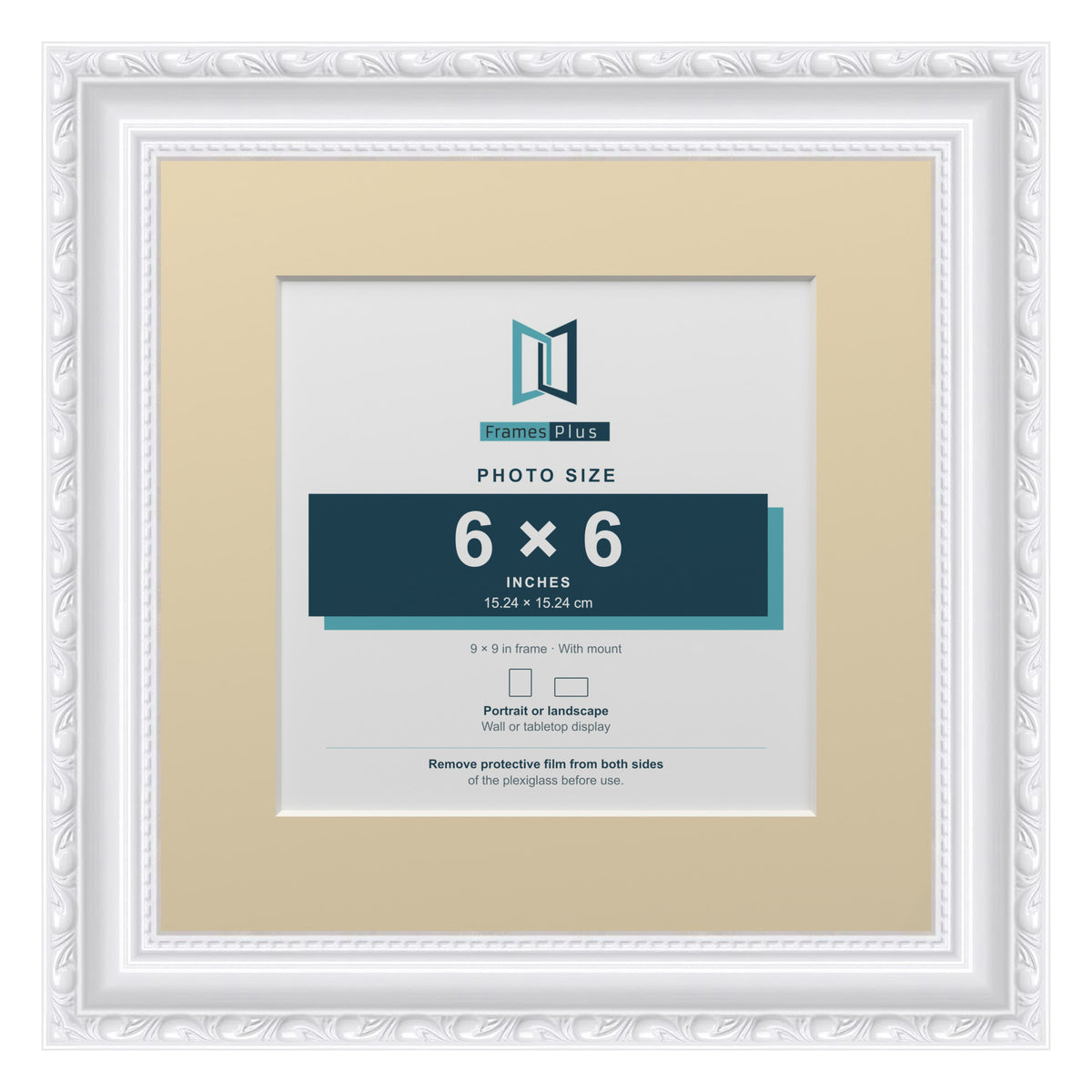 Louis Range White Picture, Photo & Poster Frame with Ivory Mount - 9x9" Frame for 6x6" Photo, White