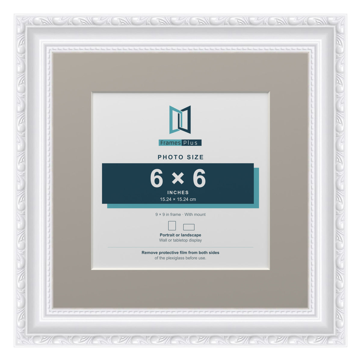 Louis Range White Picture, Photo & Poster Frame with Dawn Grey Mount - 9x9" Frame for 6x6" Photo, White