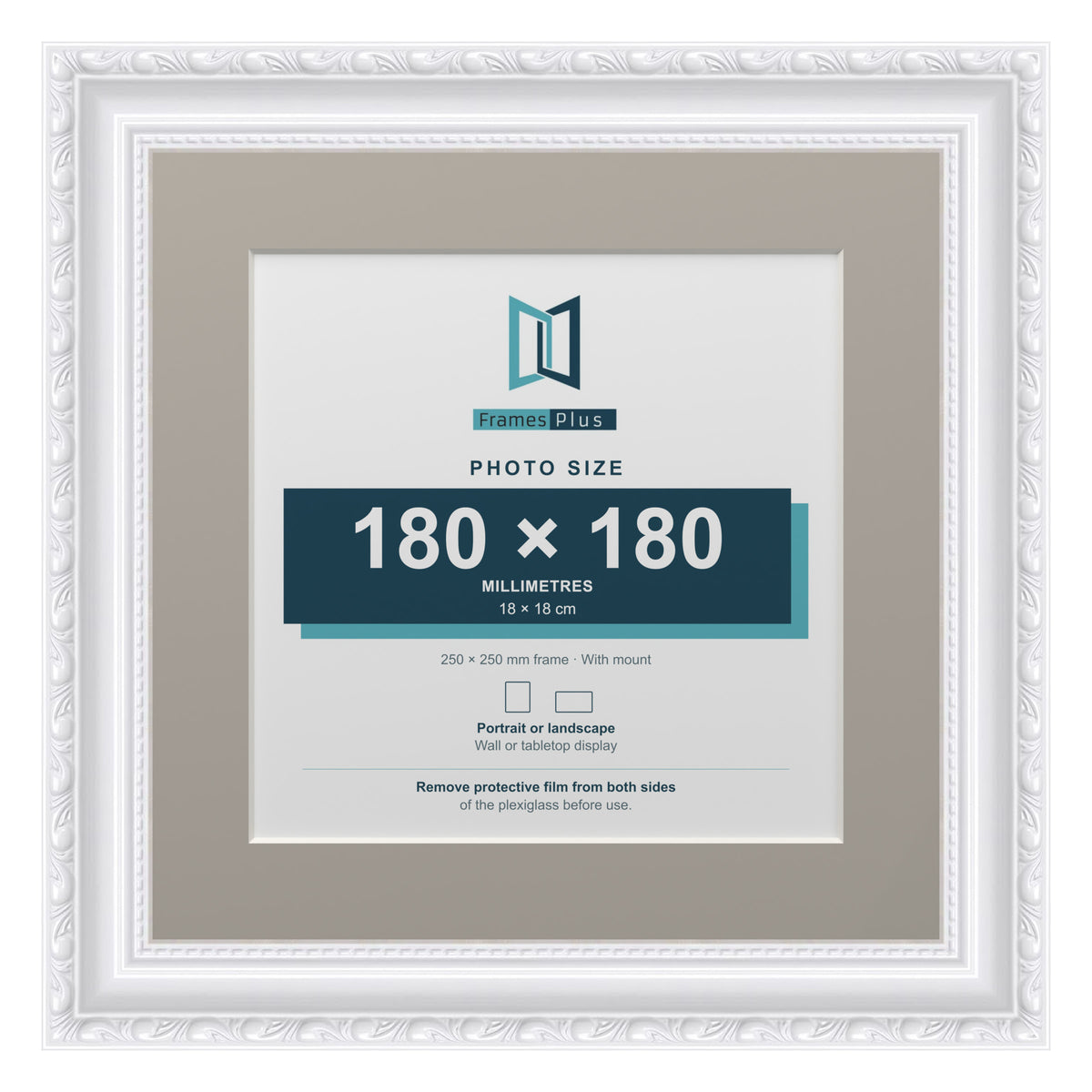 Louis Range White Picture, Photo & Poster Frame with Dawn Grey Mount - 25x25cm Frame for 18x18cm Photo, White